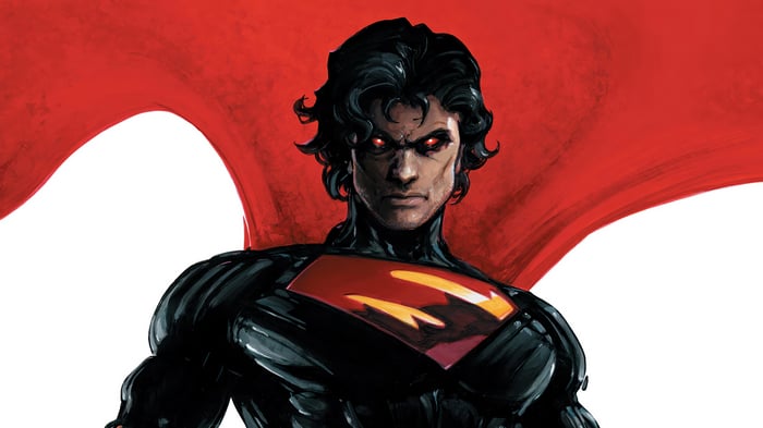 Superman in black suit with red cape 4K
