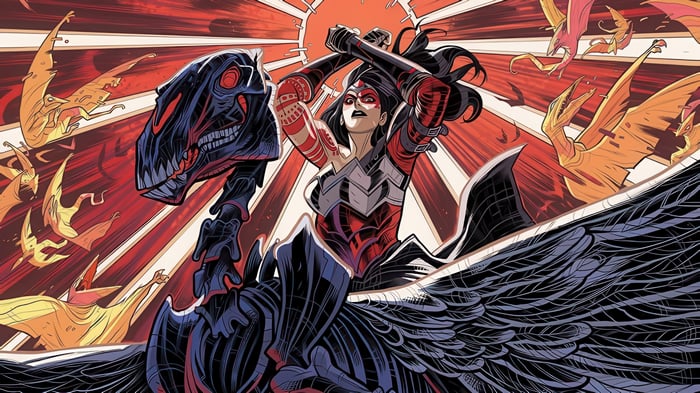 Woman Riding a Dinosaur with Pterodactyls