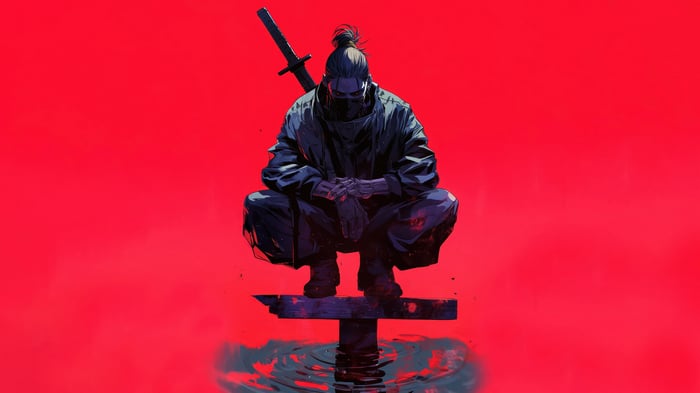Ninja Crouching on a Platform in 4K