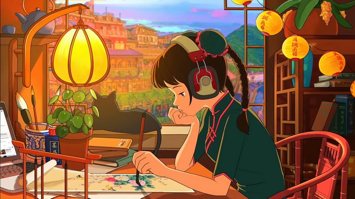 Girl with headphones painting with a cat