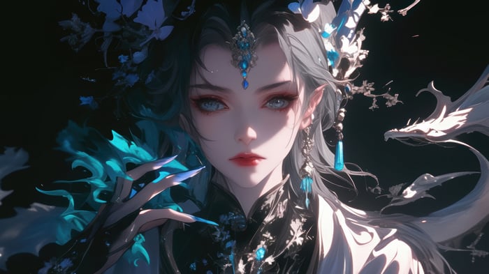 Fantasy Girl with Blue Dragon Motifs 4K