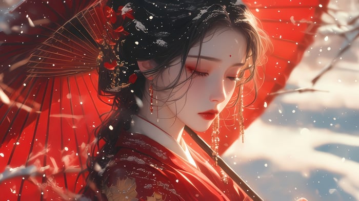 Fantasy Asian Girl with Red Umbrella in Snow 4K