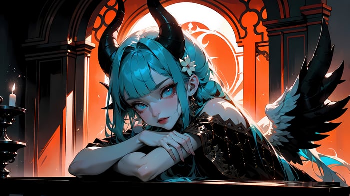 Anime Demon Girl with Blue Hair and Horns 4K