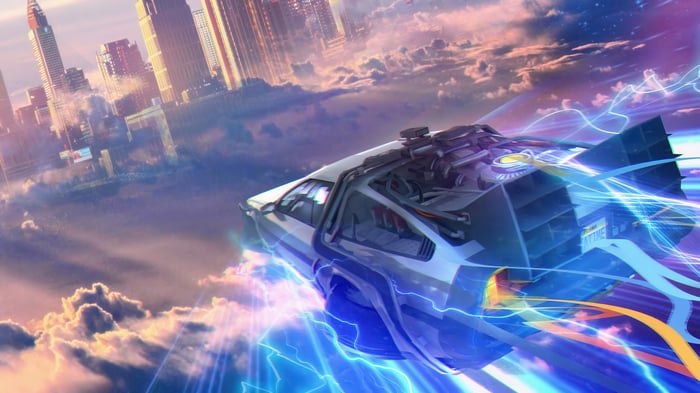 DeLorean Time Machine Flying Through Clouds