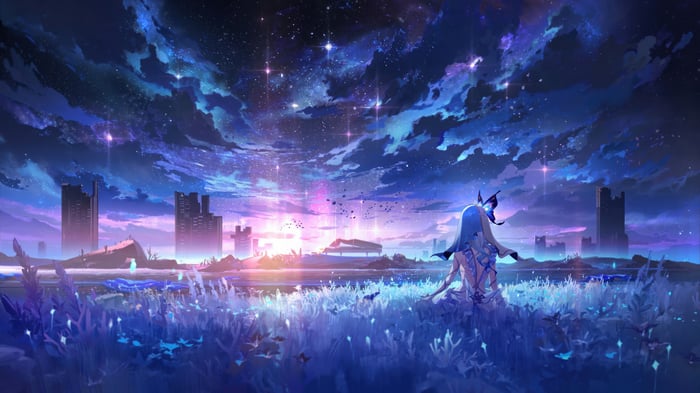 The Shorekeeper from Wuthering Waves in a starry landscape
