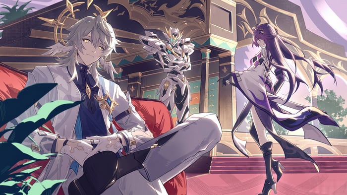 Honkai Star Rail: Acheron, Sam, and Sunday in a grand hall