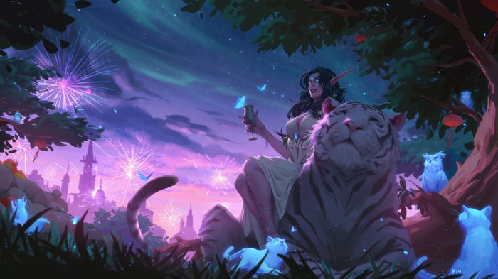 Tyrande Whisperwind and a white tiger at night