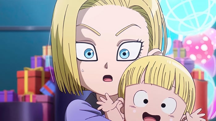 Android 18 holding a baby in Dragon Ball DAIMA 4K
