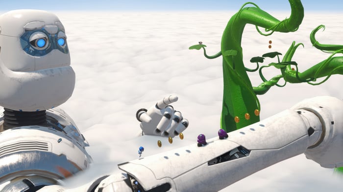 Astro Bot on a giant robot arm in the clouds