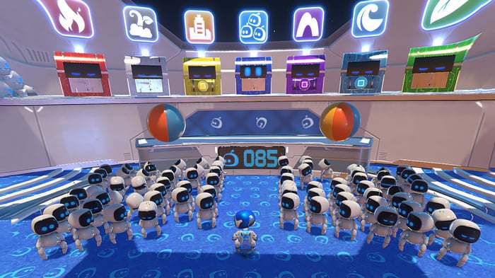 Astro Bot and many smaller bots in a futuristic setting