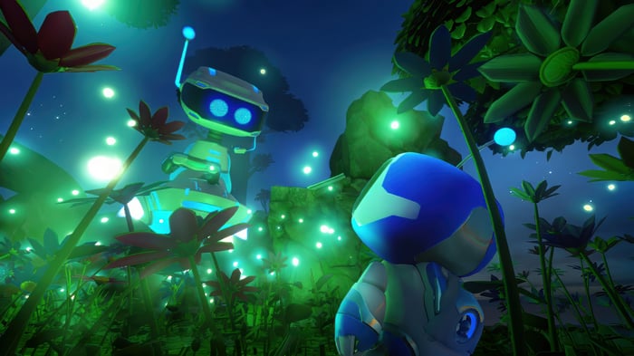 Astro Bot in a glowing forest