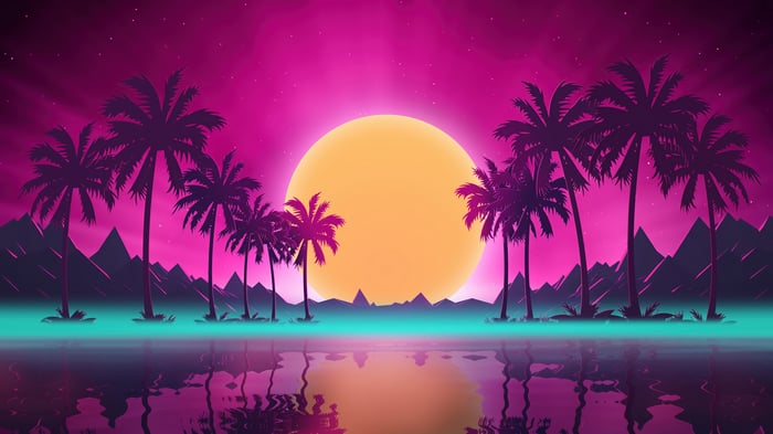 Retro Sunset with Palm Trees and Mountains 4K