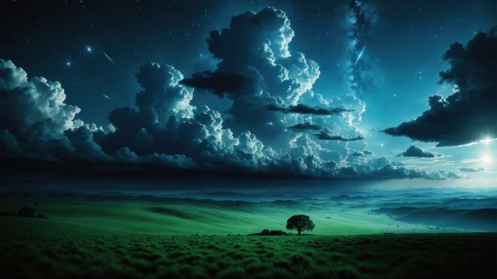 Night sky with clouds over a grassy field