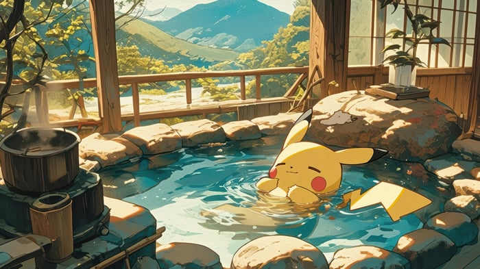 Pikachu relaxing in a hot spring with mountains in the background