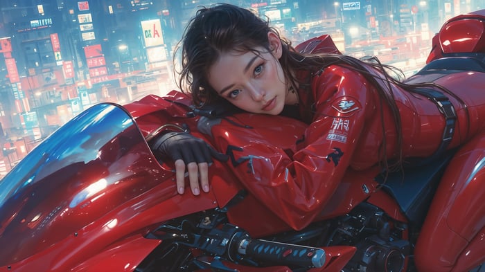 Cyberpunk Girl on a Red Motorcycle in 4K