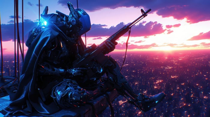 Cyberpunk Robot with Rifle at Sunset 4K