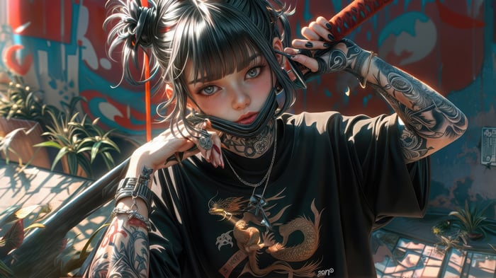 Girl with Katana and Tattoos 4K