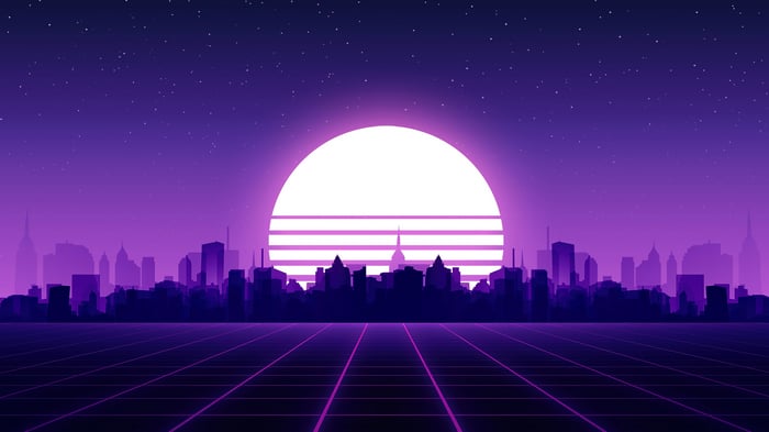 Synthwave City Sunset with Digital Grid