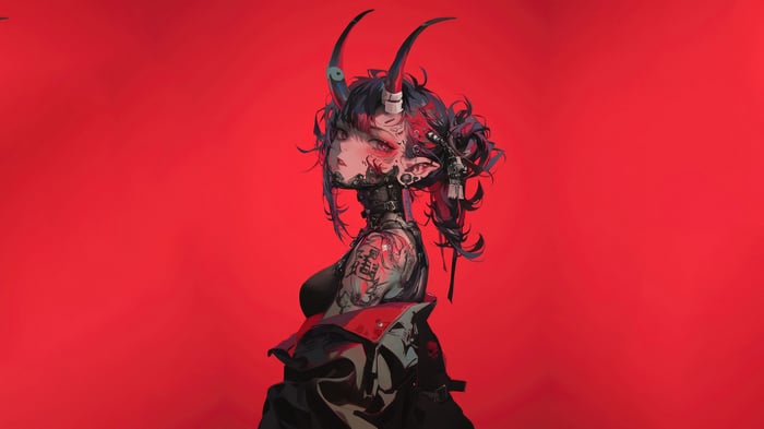 Anime Girl with Horns and Tattoos 4K