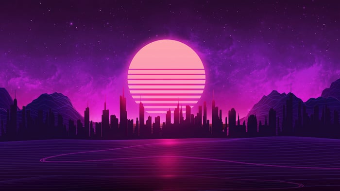 Synthwave Cityscape with Striped Sunset