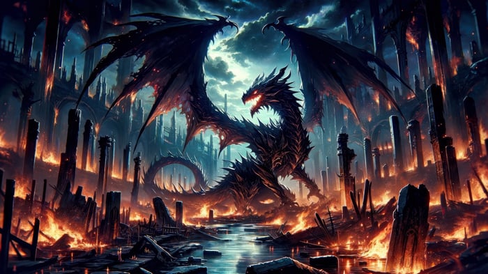 Dragon in a burning fantasy city 4K
