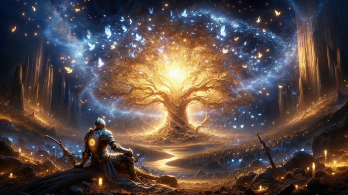 Warrior sits before a glowing fantasy tree with butterflies