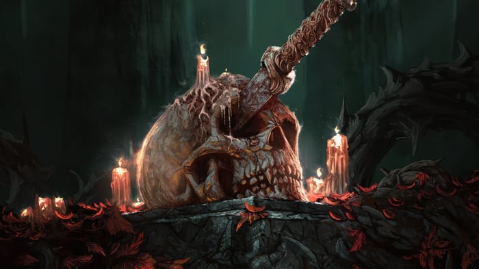 Skull with Knife on Altar with Candles 4K