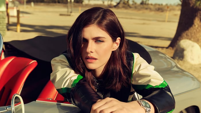 Alexandra Daddario in a vintage car