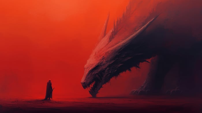 Dragon and warrior in a red landscape 4K