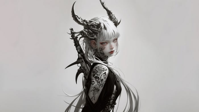 Anime Girl with Dragon Horns and Tattoos