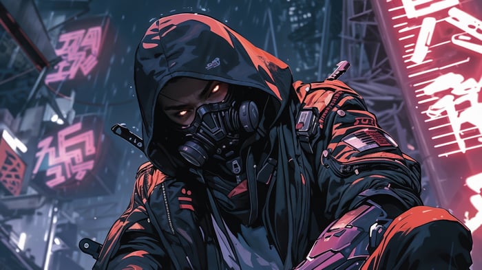 Cyberpunk Anime Boy with Gas Mask and Sword