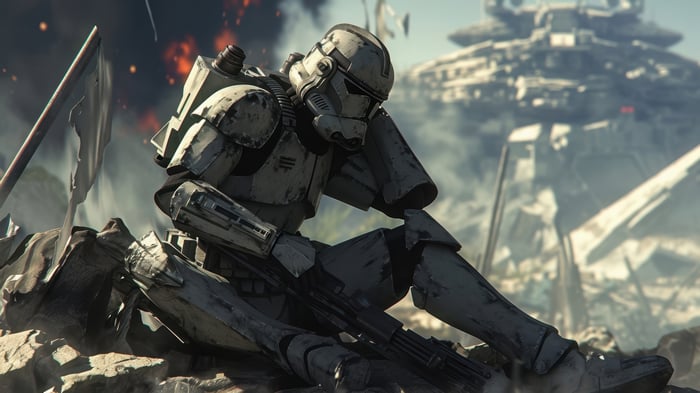 Star Wars Stormtrooper sitting in ruins 4K