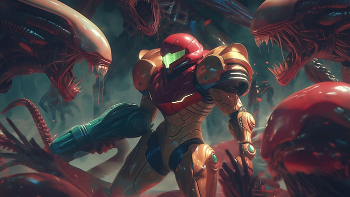 Samus Aran fighting Aliens in 4K