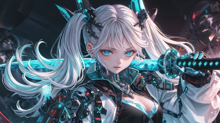 Anime Girl with White Hair and Katana in Cyberpunk Sci-Fi