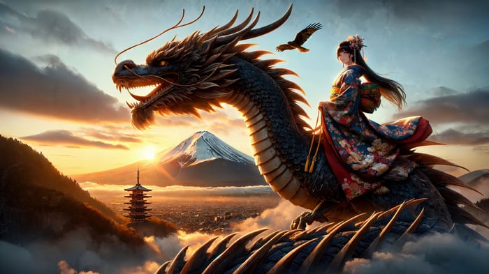Anime Girl Riding a Chinese Dragon with Mount Fuji