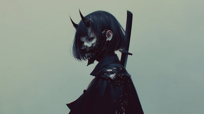 Anime girl with horns and mask holding a sword