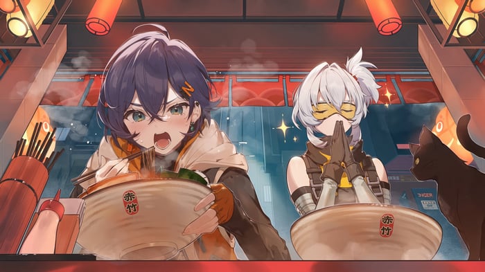 Zenless Zone Zero Belle and Soldier 11 eating ramen