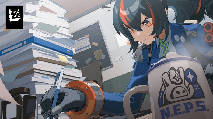 Zhu Yuan working at a desk in Zenless Zone Zero 4K