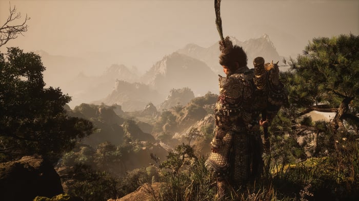 Wukong stands on a mountain overlooking a misty landscape