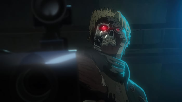 Terminator Zero character with glowing red eyes