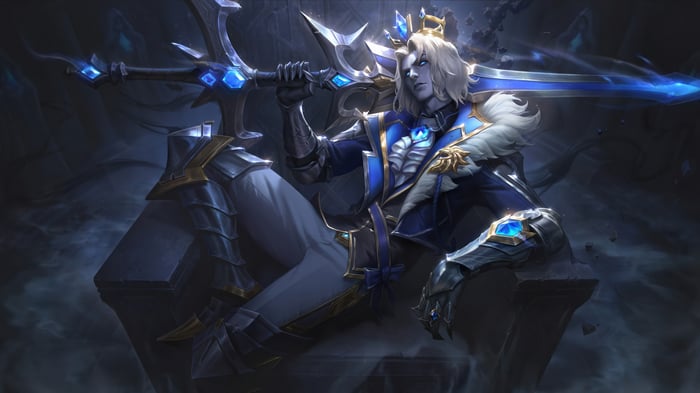 Viego, the Ruined King, sits on a throne holding a sword
