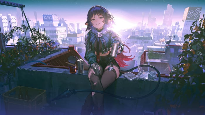 Jane Doe from Zenless Zone Zero on a rooftop