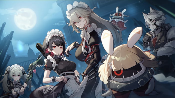 Zenless Zone Zero characters with maid outfits and a wolf