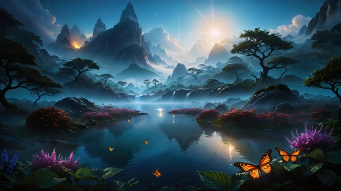 Misty Mountains Lake with Butterflies and Flowers 4K