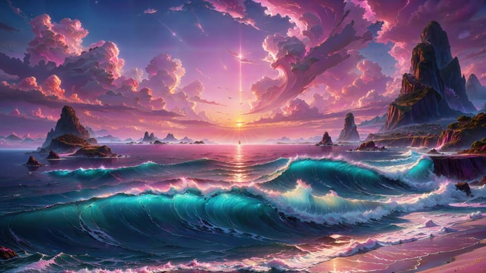 Sunset over the ocean with waves and islands 4K