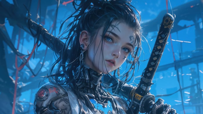 Cyberpunk Anime Warrior Girl with Sword 4K