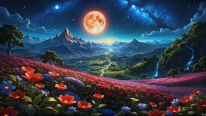 Fantasy Landscape with Moon and Flowers 4K