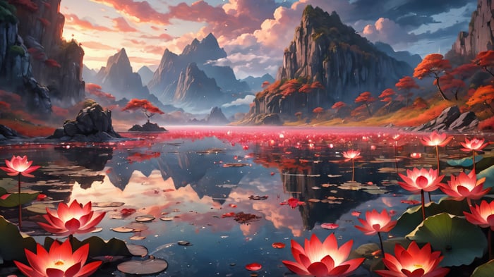 Lotus flowers on a lake with mountains and clouds