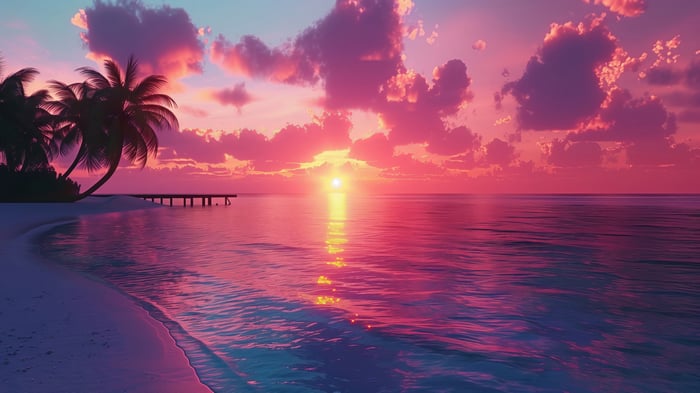 Pink Sunset over the Ocean with Palm Trees and Pier