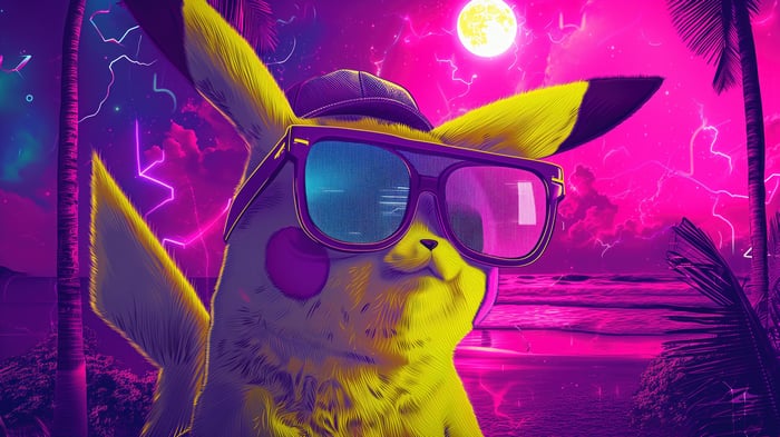 Pikachu wearing sunglasses and a cap on a beach at night
